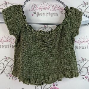 Kiwi + punch top smock Ruffled Olive Green Smocked Crop Top